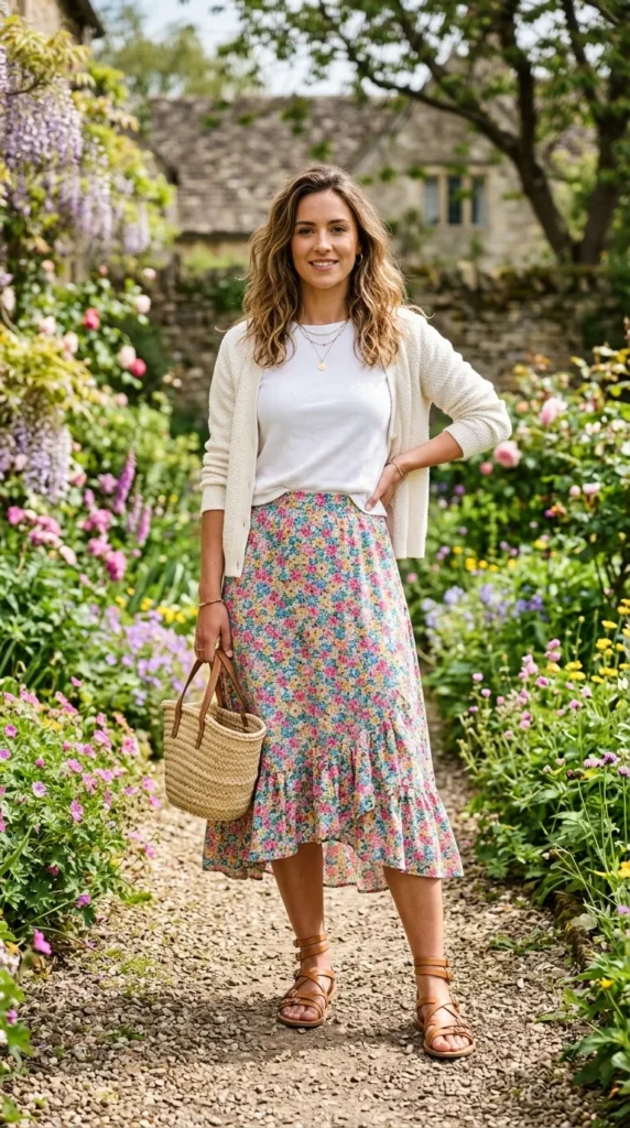A woman wearing a white shirt and a floral skirt is standing in a garden.