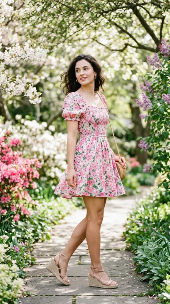 A woman wearing a floral dress and carrying a purse walks down a path.