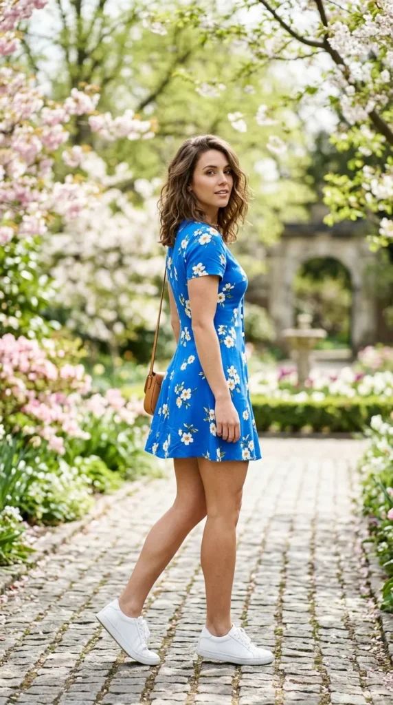A woman wearing a blue dress with white flowers on it.