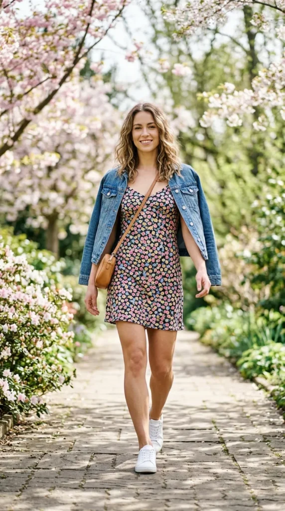 A woman wearing a floral dress and carrying a purse walks down a path.