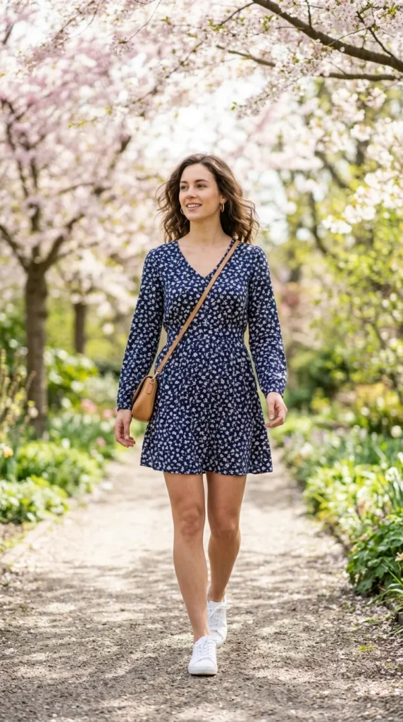 A woman wearing a blue dress and carrying a brown purse walks down a path.