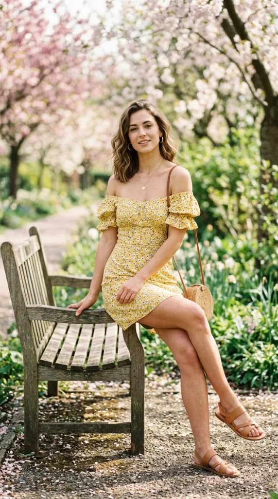 A woman wearing a yellow dress is sitting on a wooden bench.