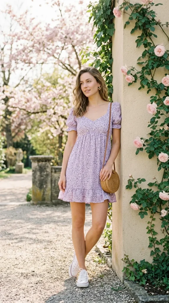 A woman in a purple dress stands in front of a wall with flowers.