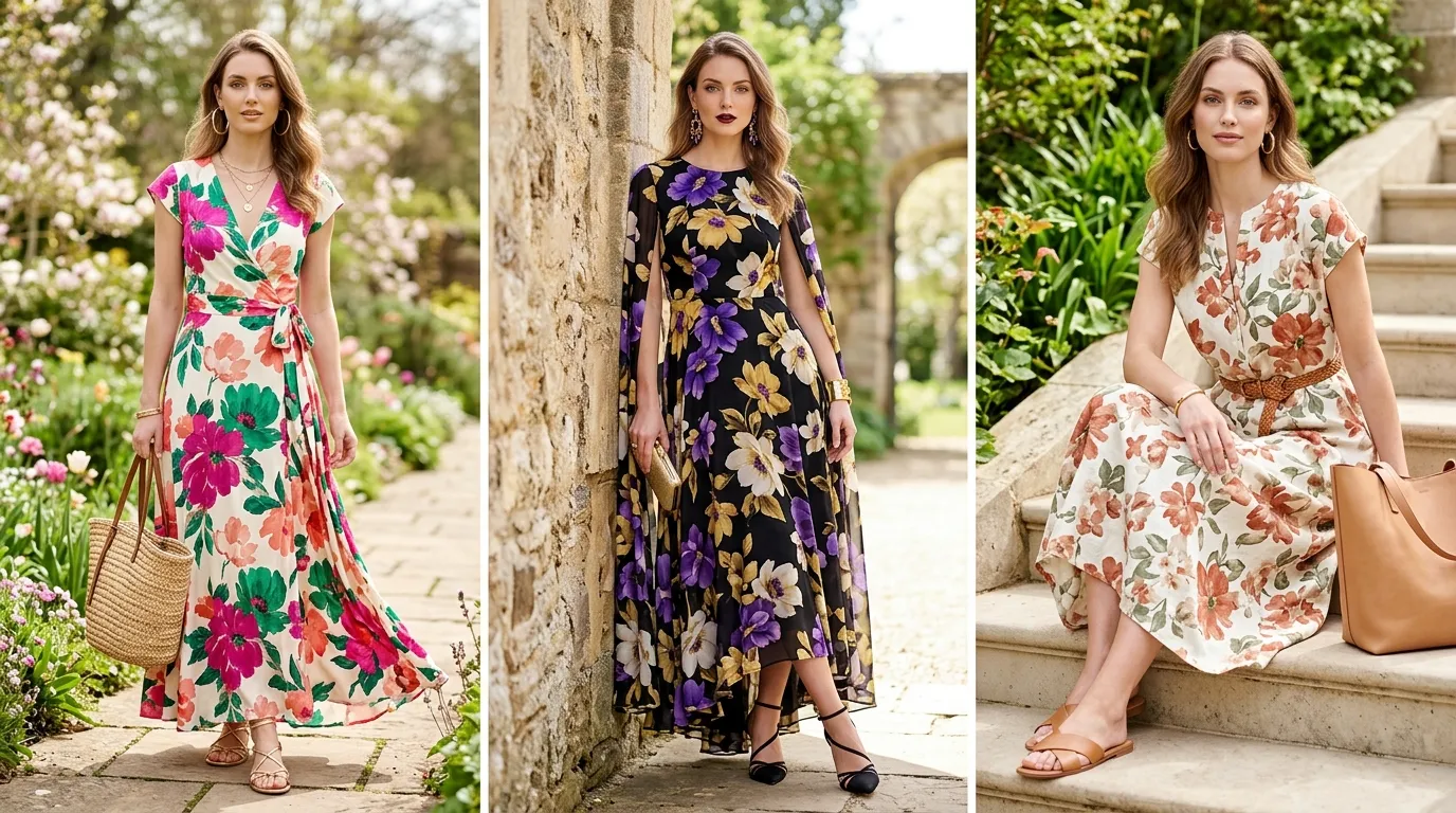 Woman wearing spring floral outfit, spring floral looks tall women, beautiful seasonal look