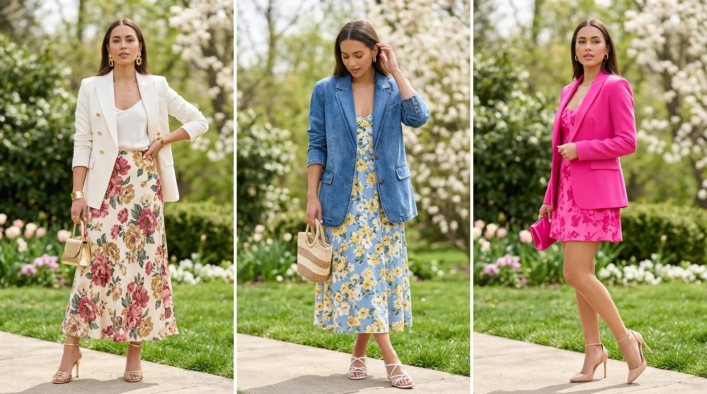 Woman wearing spring floral outfit, spring floral looks with blazers, beautiful seasonal look