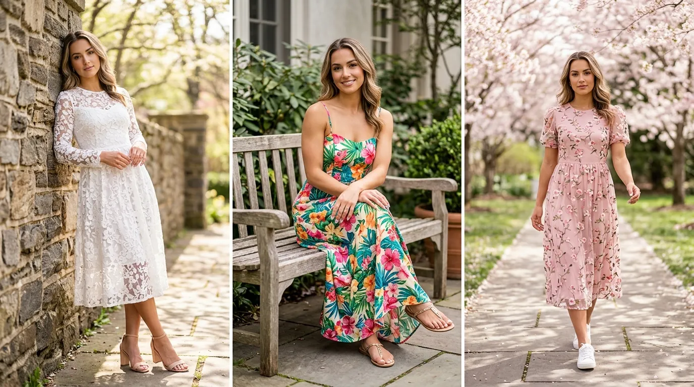 Woman wearing spring floral outfit, spring floral outfits wedding guest, beautiful seasonal look