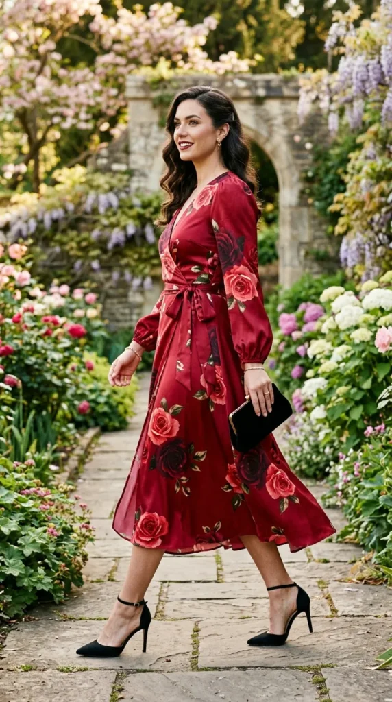 A woman in a red dress with a floral pattern walks down a path.