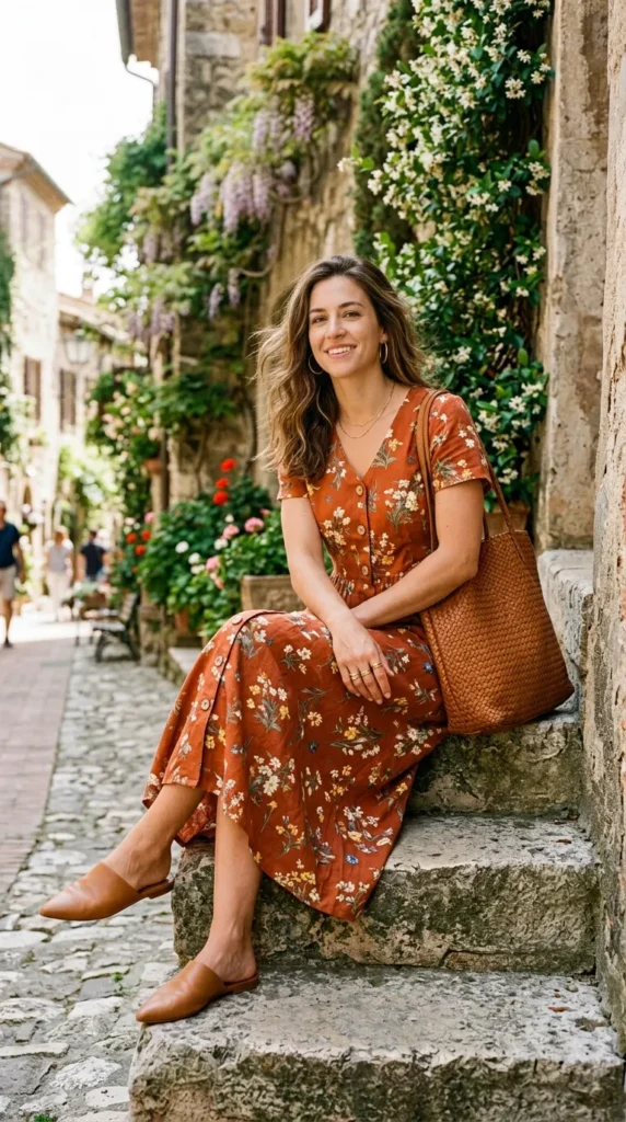 A woman in an orange dress sits on a stone wall.