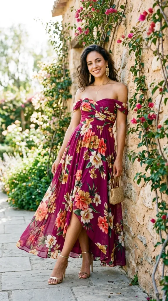 A woman in a floral dress stands in front of a brick wall.