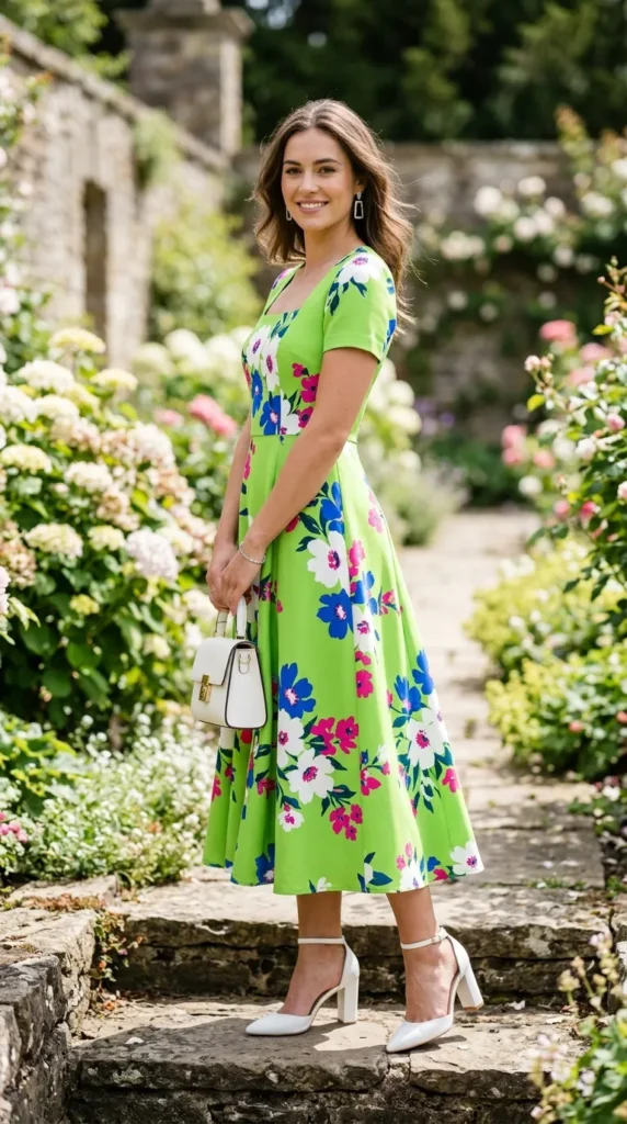 A woman wearing a green dress with a white purse standing in front of a flower garden.