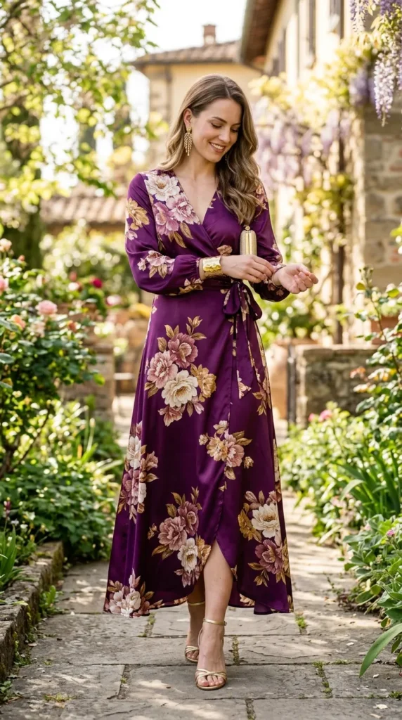 A woman wearing a purple dress with a floral pattern.