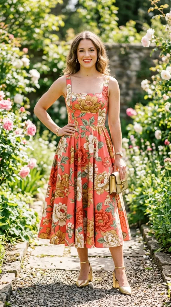 A woman wearing a floral dress and holding a purse.