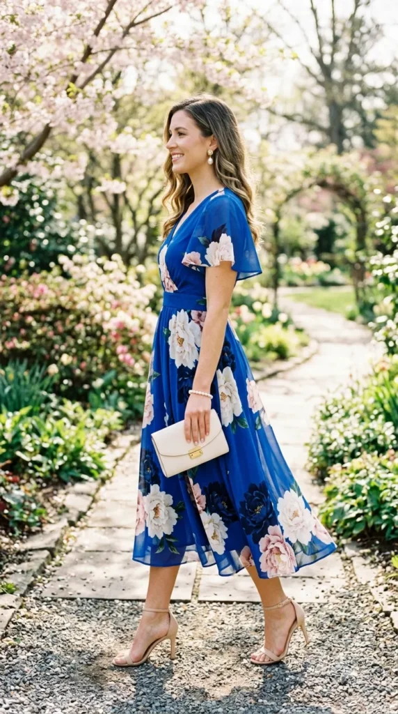 A woman in a blue dress with a floral pattern is walking down a path.