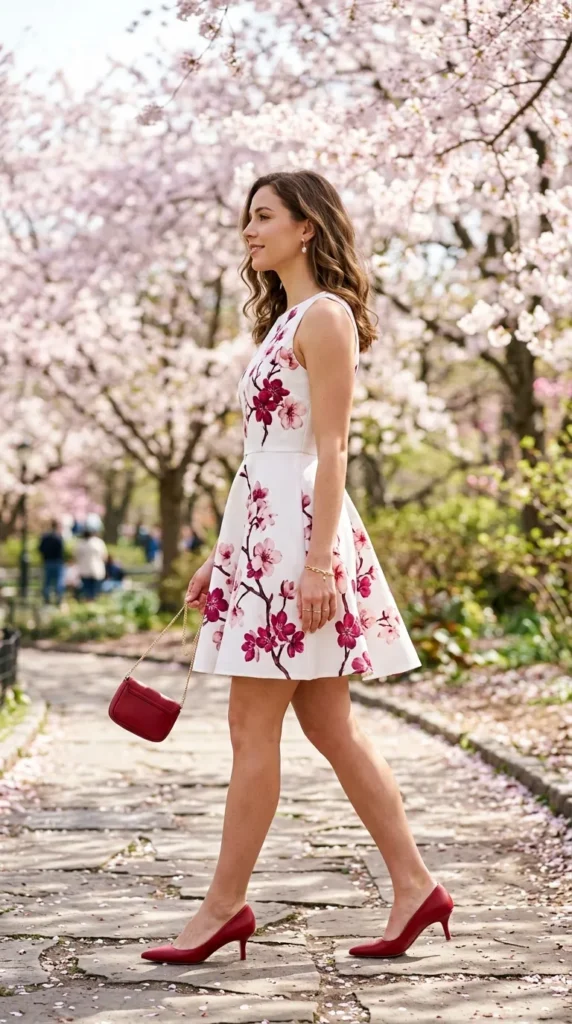 A woman wearing a white dress with a floral pattern and carrying a red purse.