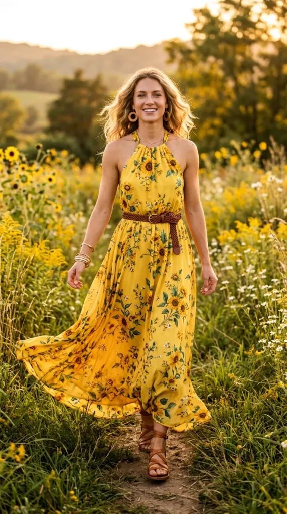 A woman in a yellow dress with a brown belt and gold bracelets.
