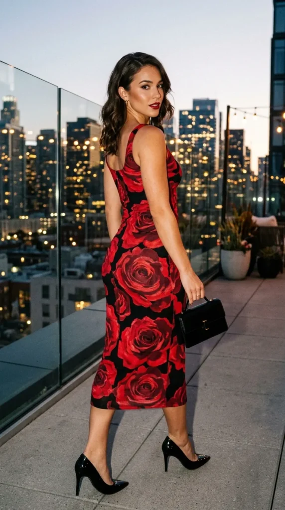A woman wearing a red dress with roses on it.