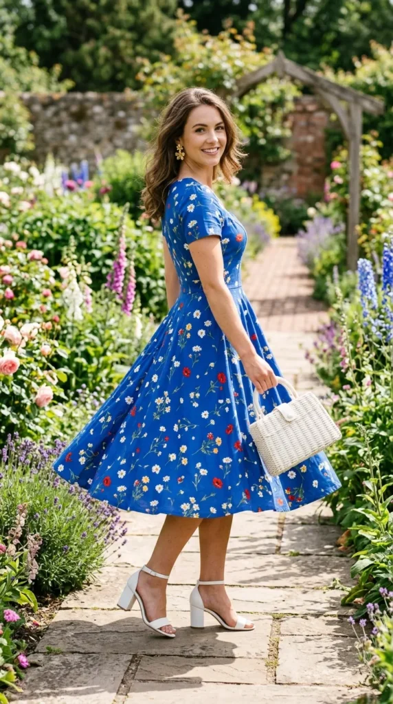 A woman in a blue dress with flowers on it is standing on a sidewalk.
