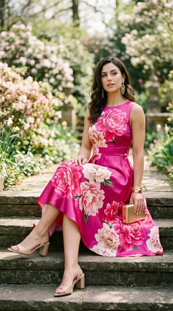 A woman in a pink dress with flowers on it sits on a step.