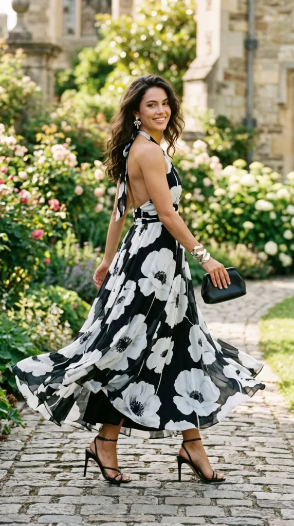 A woman wearing a black and white dress with a floral pattern is walking down a path.