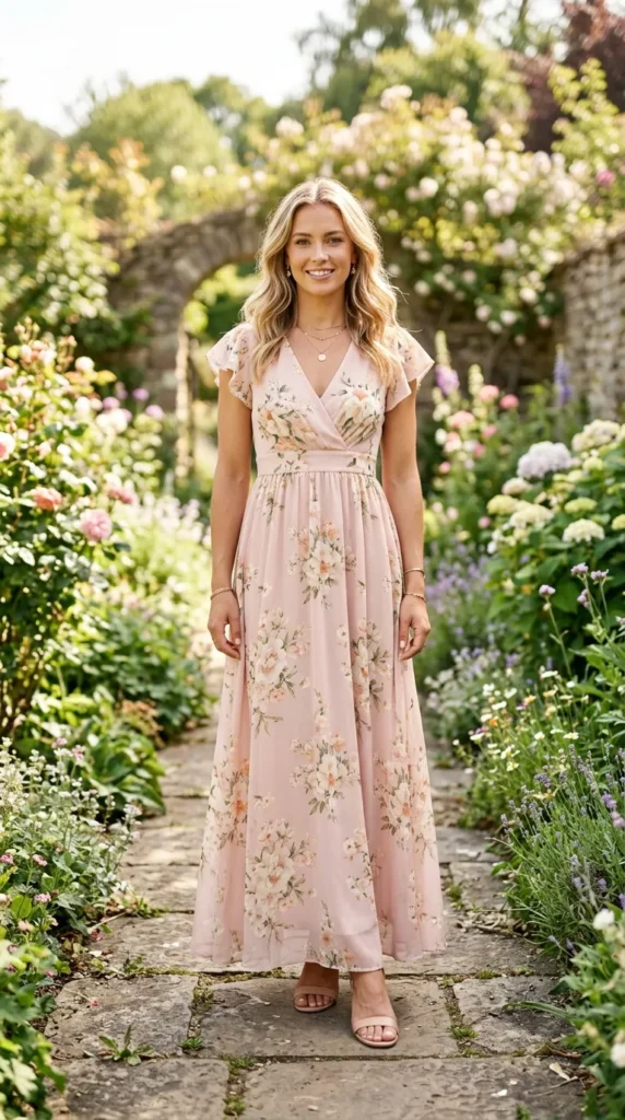 A woman wearing a pink dress with flowers on it.