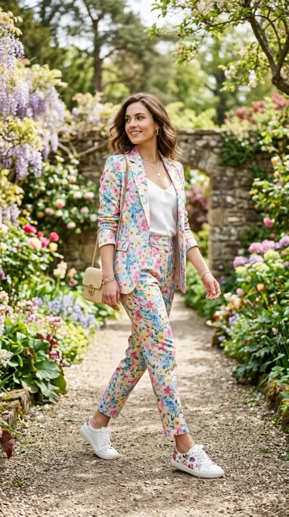 A woman in a floral suit walking on a path.