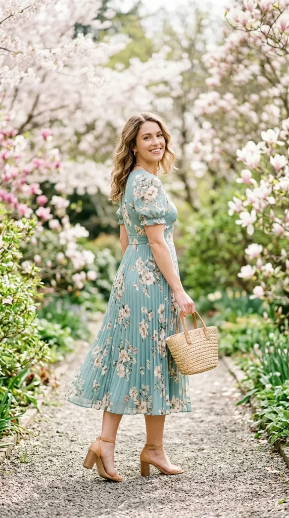 A woman in a blue dress with flowers on it is walking down a path.