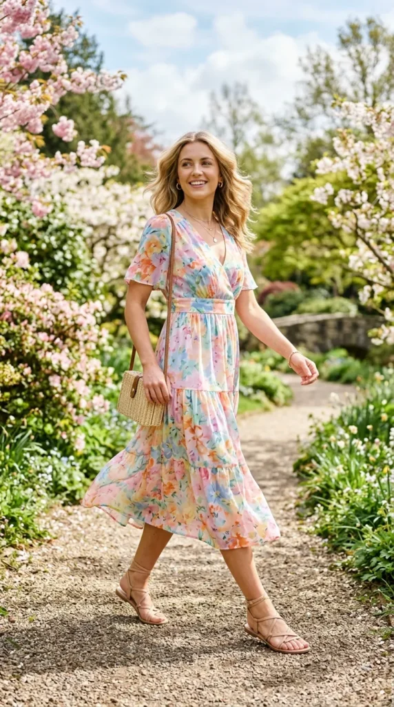 A woman wearing a floral dress and carrying a purse walks down a path.