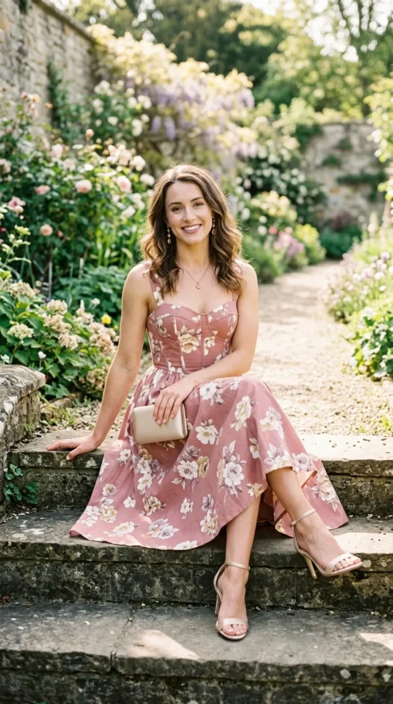 A woman in a pink dress sits on a step.