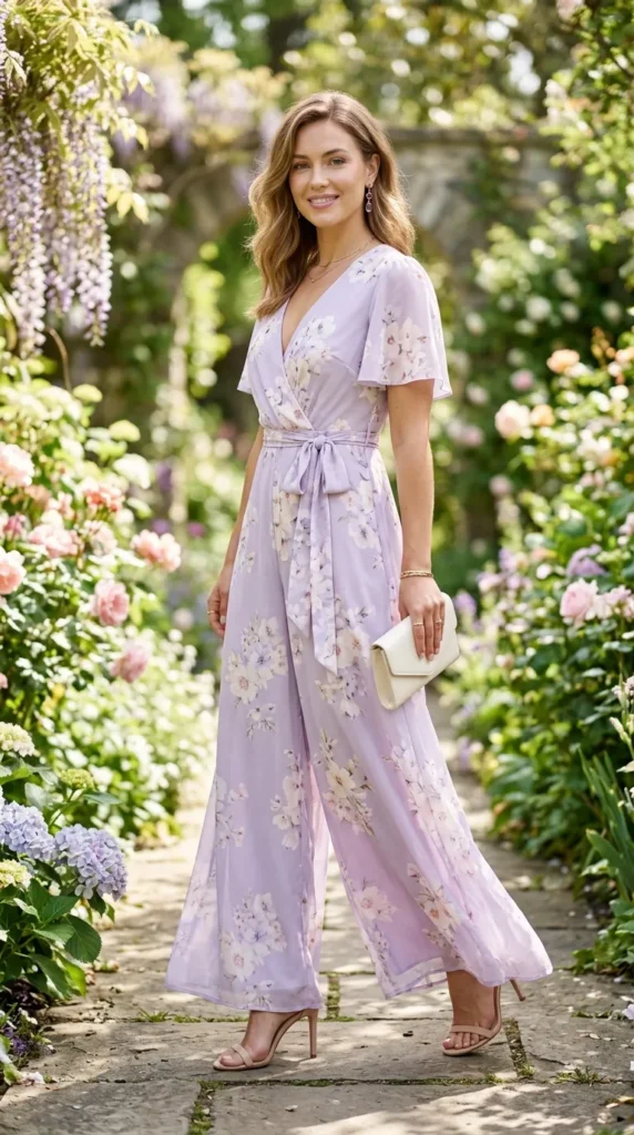 A woman wearing a purple flowered jumpsuit and carrying a white purse.