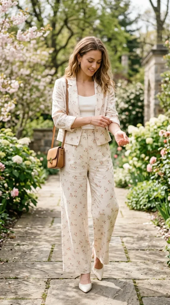 A woman wearing a floral suit and carrying a brown purse.