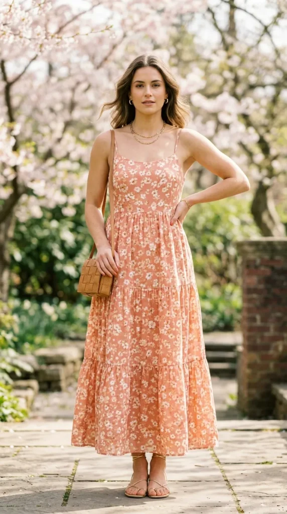 A woman wearing a floral dress and carrying a brown purse.