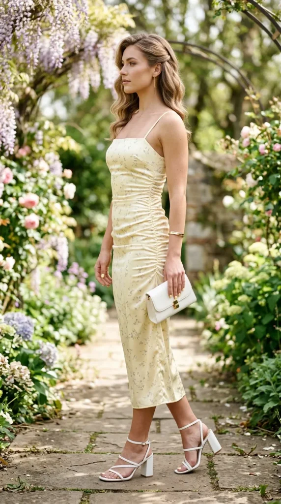 A woman in a yellow dress stands in a garden.