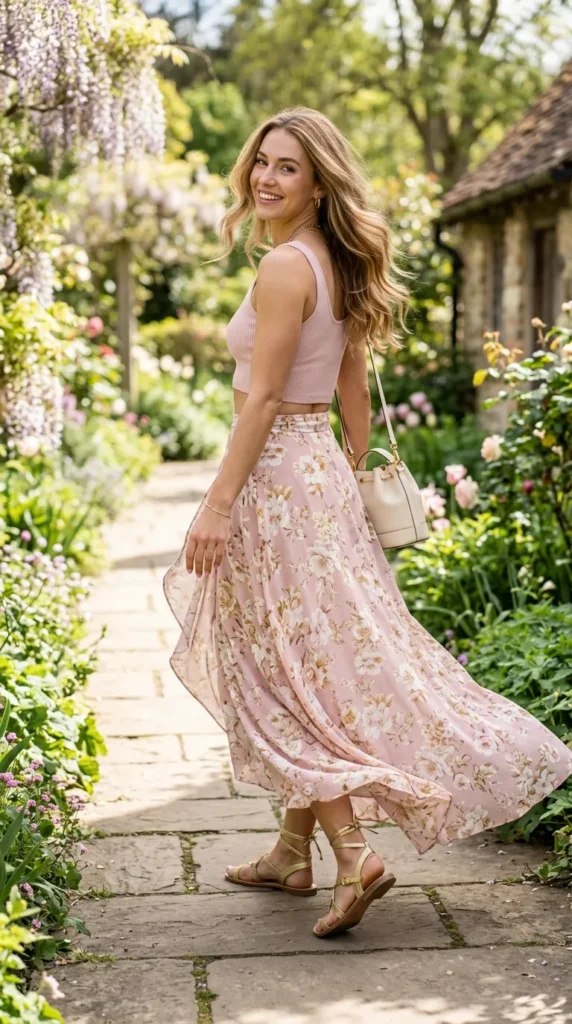 A woman wearing a pink dress and carrying a white purse.