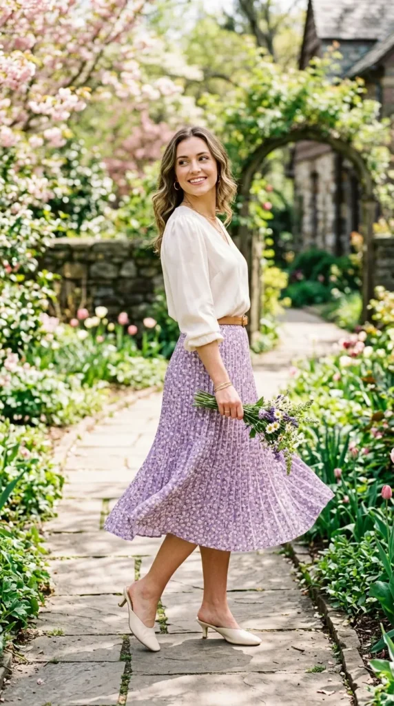 A woman in a purple dress holding a bouquet of flowers.