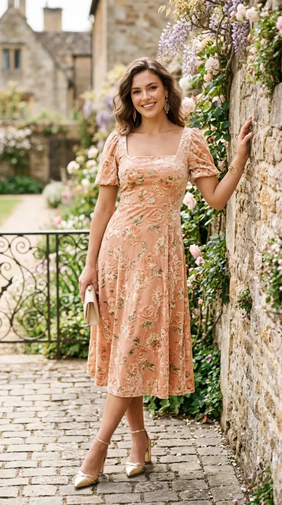 A woman wearing a pink dress and holding a purse.