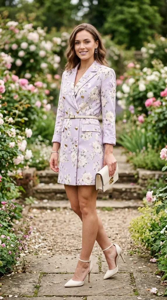 A woman wearing a purple floral dress and carrying a purse.