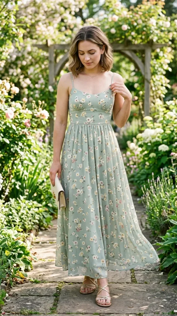 A woman wearing a blue dress with flowers on it.
