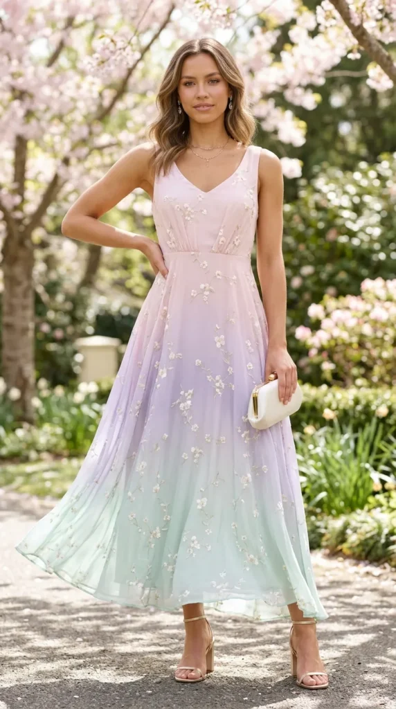 A woman wearing a pink dress with white flowers on it.