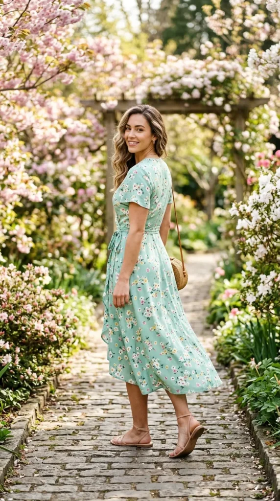 A woman wearing a blue dress with flowers on it.