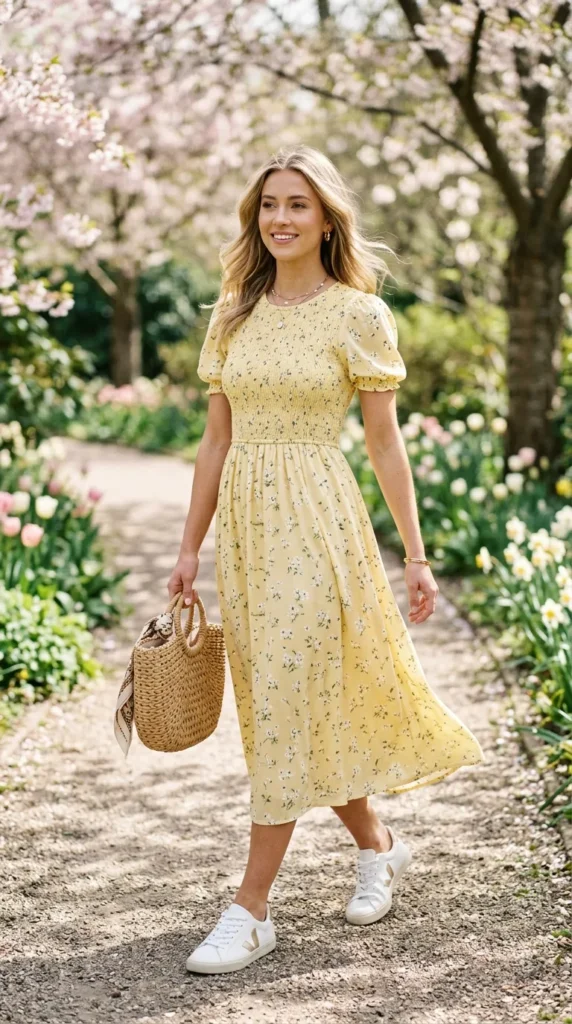 A woman in a yellow dress carrying a straw purse walks down a path.