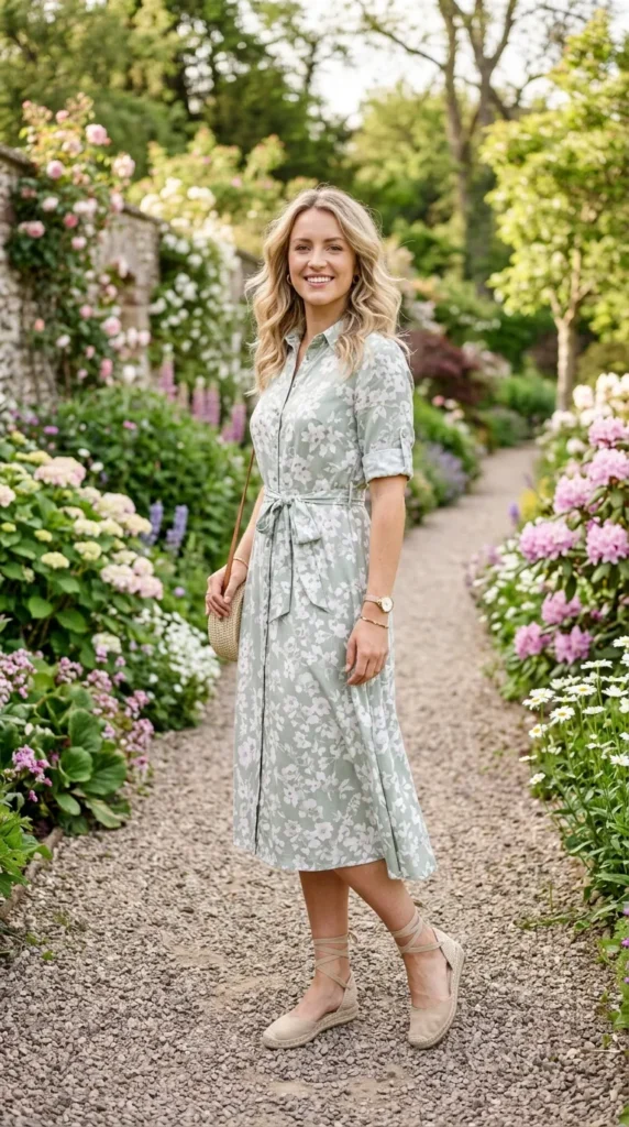 A woman wearing a floral dress and carrying a purse is standing in a garden.