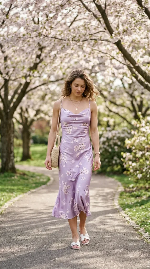 A woman wearing a purple dress walks down a path.