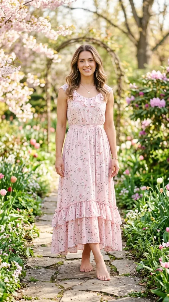 A woman wearing a pink dress and a necklace stands in a garden.