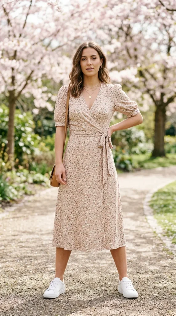 A woman in a floral dress stands on a path.