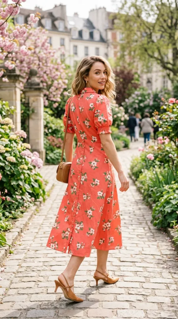 A woman wearing a red floral dress and carrying a brown purse.
