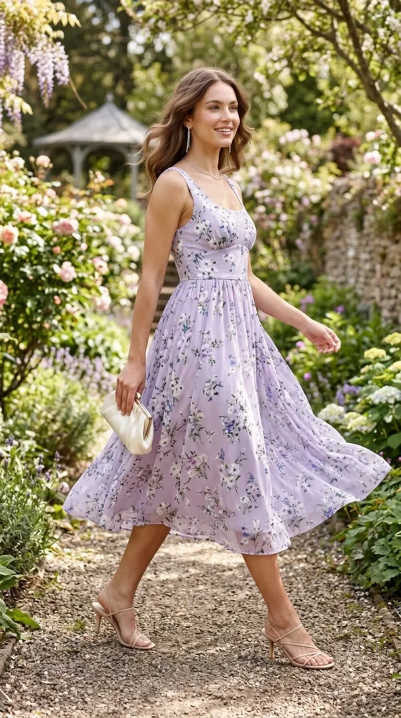 A woman in a purple dress walks through a garden.