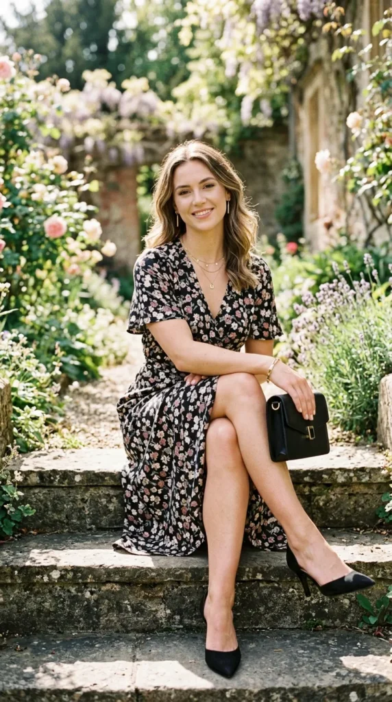 A woman in a floral dress sits on a stone bench.