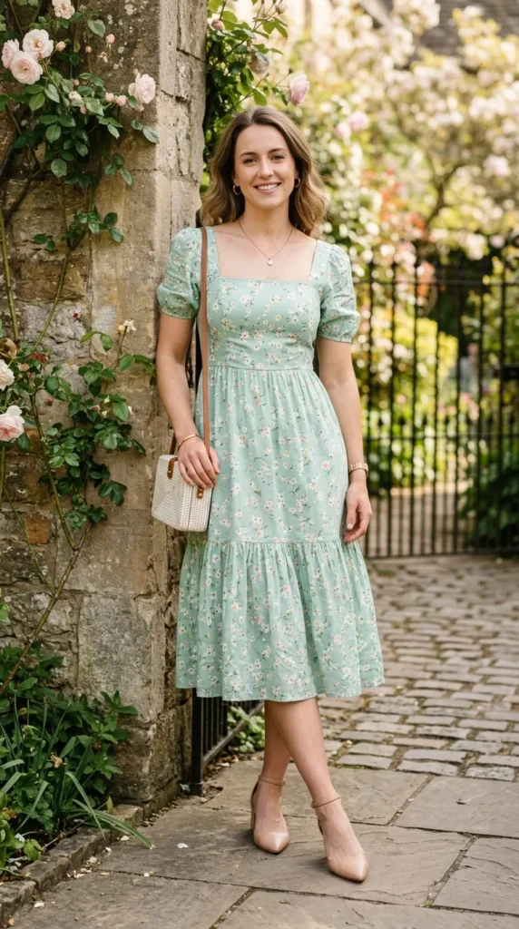 A woman wearing a blue dress and holding a white purse.