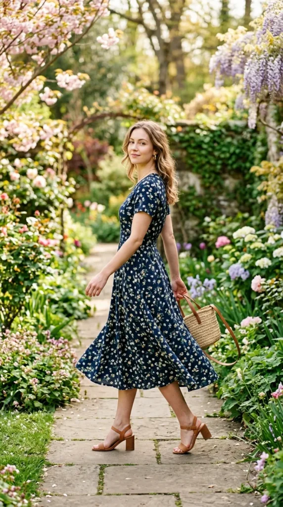 A woman in a blue dress walks down a path in a garden.