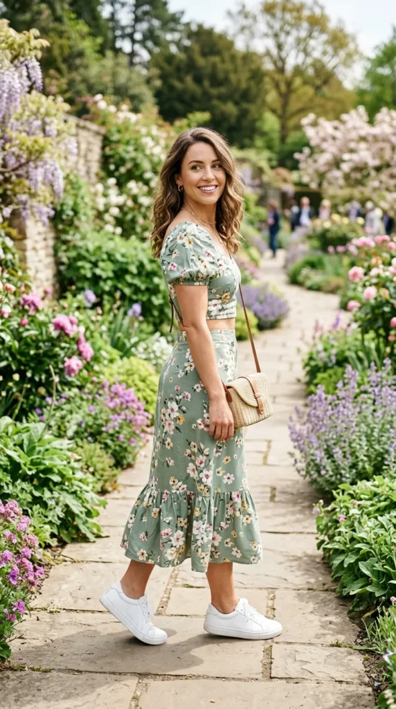 A woman in a blue dress with a floral pattern is standing on a path.
